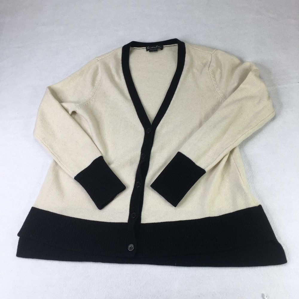 Something Extra Womens Sweater Small Black Beige Button Wool Cashmere Cardigan‎